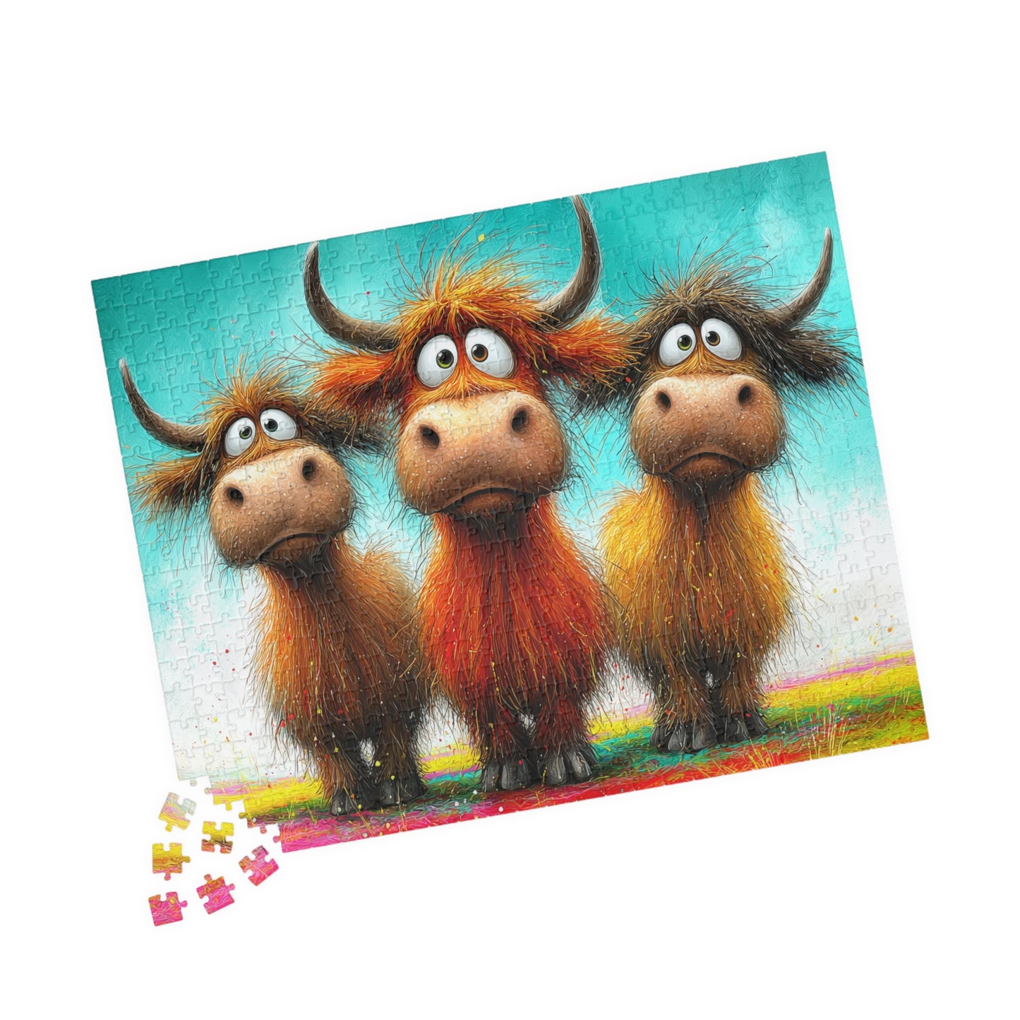 Three Cartoon Highland Cows Puzzle | 110/252/520-piece Jigsaw 520 pcs (Horizontal) Puzzle The Puzzle Chest