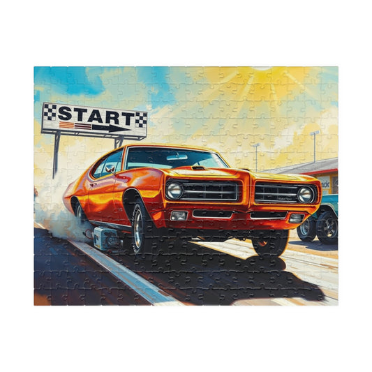 Vintage Muscle Car Puzzle, Classic Metallic Orange 1969 Pontiac GTO, Drag Race Strip Scene Jigsaw Game for Him, Mindful Puzzle Lover Gift 252 pcs (Horizontal) Puzzle The Puzzle Chest