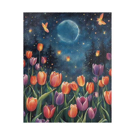 Moonlit Tulip Garden Puzzle, Glowing Tulips and Fireflies Tranquil Night Fantasy Adult Jigsaw Game, Nature-Inspired Gift for Puzzle Fanatic 520 pcs (Vertical) Puzzle The Puzzle Chest