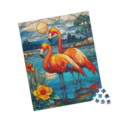 Stained Glass Style Flamingos Puzzle | 110/252/520/1014 Piece Bird Lover Jigsaw 520 pcs (Vertical) Puzzle The Puzzle Chest