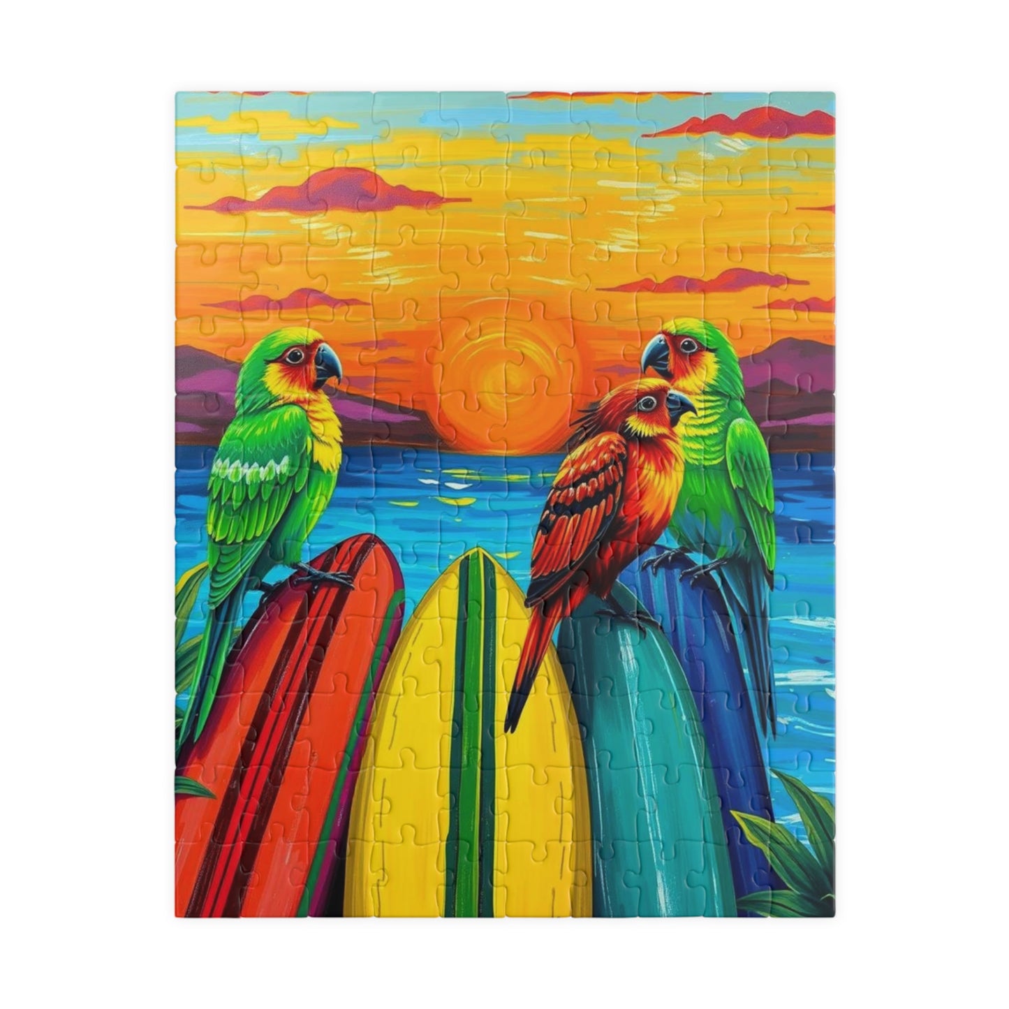 Colorful Surfing Parrots Puzzle, Vibrant Tropical Art Puzzle, Fun Family Activity, Best Gift for Nature Enthusiast, Bird Lover, Birdwatcher 110 pcs (Vertical) Puzzle The Puzzle Chest
