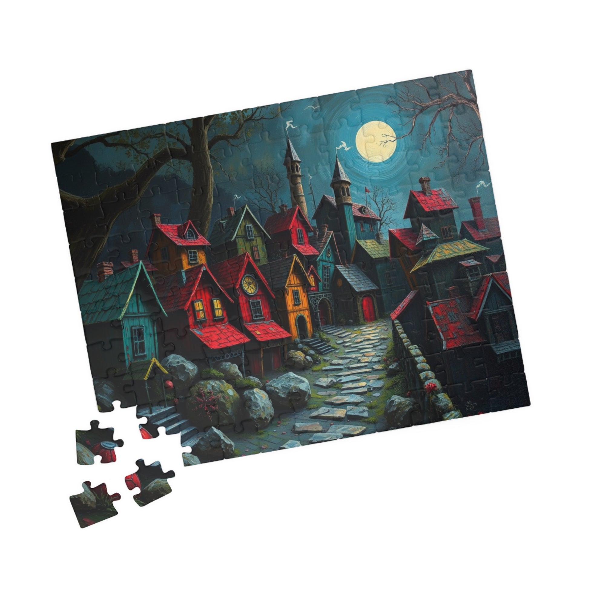 Nighttime Village 3D Puzzle (110, 252, 520, 1014-piece), Haunting Spooky Town at Night, Ideal Puzzle Gift for Gothic Dark Art Lover, Mindful The Puzzle Chest