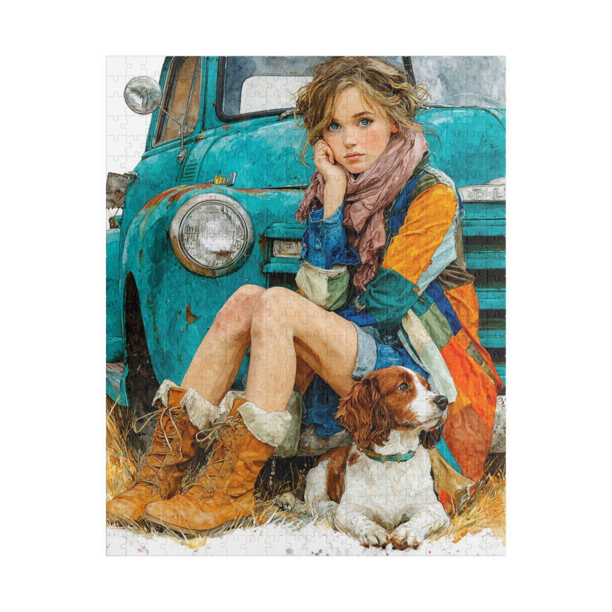 Rustic Country Girl and Dog Jigsaw Puzzle - Vintage Truck and Spaniel Companion Puzzle The Puzzle Chest
