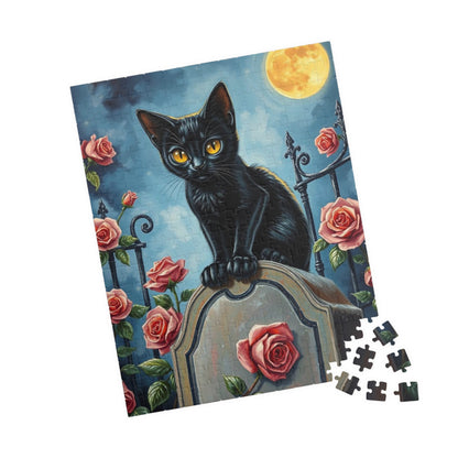 Graveyard Night Stalker Jigsaw Puzzle - Black Cat on Moonlight Gravestone, Halloween Game, Gift for Cat Lover, Challenging Family Activity