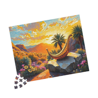 Golden Shofar Jigsaw Puzzle, Desert Oasis Landscape with Palm Trees Wildflowers, Faith-Based Religious Christian Tabletop Game, Jewish Gift