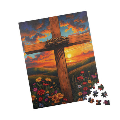 Crown of Thorns Cross Puzzle, Sunset Scene with Symbolic Christian Art, Religious Faith-Based Jigsaw Game, Inspirational Puzzle Lover Gift