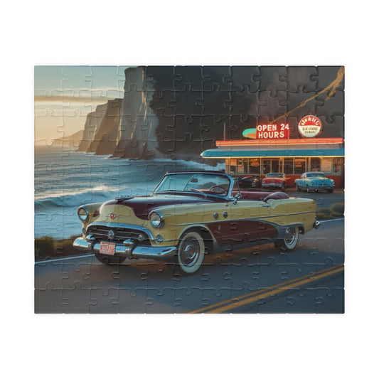 Retro Car Puzzle - Classic 1954 98 Starfire Convertible, Vintage Coastal Scene, Family Game Night, Best Gift for Retro Car Lover 110 pcs (Horizontal) Puzzle The Puzzle Chest