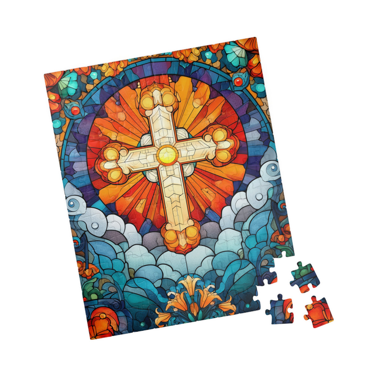 Stained Glass Style Cross Puzzle | Religious Jigsaw Puzzle, 110-1014 Piece Options 110 pcs (Vertical) Puzzle The Puzzle Chest