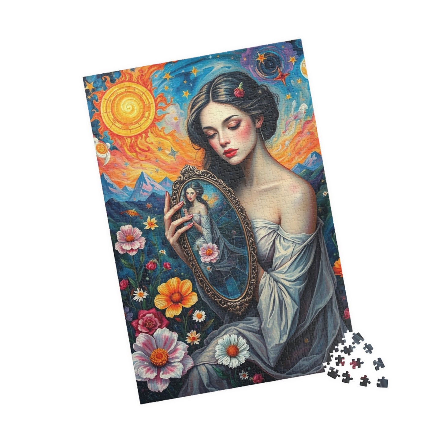 Dreamlike Self-Reflection Jigsaw Puzzle with Vibrant Flowers and Stars, Frida Kahlo Inspired, 110-1014 Piece Gift for Puzzle Art Lover 1014 pcs (Vertical) Puzzle The Puzzle Chest