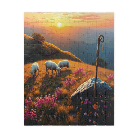Peaceful Pastoral Sunset Puzzle, Religious Themed Jigsaw Game, Nature-Inspired Serene Landscape with Sheep Grazing on a Wildflower Hill