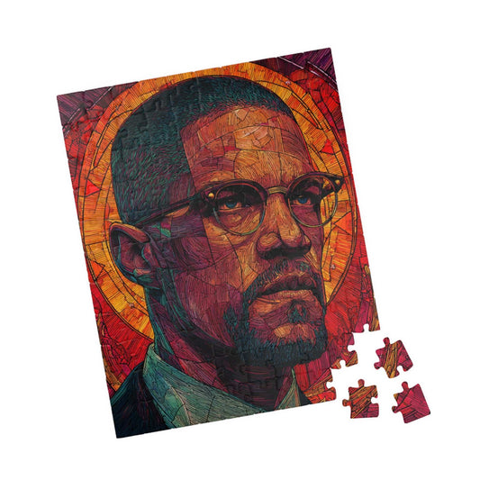 Afrocentric Malcolm X Puzzle, Stained Glass Portrait, Black History Hero, Red Orange Radiant Artwork, Educational Jigsaw, Iconic Historical Figure Puzzle 110 pcs (Vertical) Puzzle The Puzzle Chest