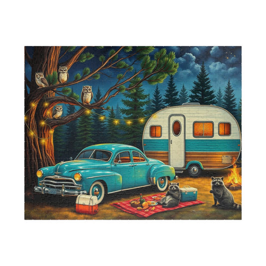 Curious Campers Retreat Jigsaw Puzzle - Vintage Car Nature Scene, Outdoor Adventure Home Decor, Family Game Night, Gift for Nature Lovers 520 pcs (Horizontal) Puzzle The Puzzle Chest