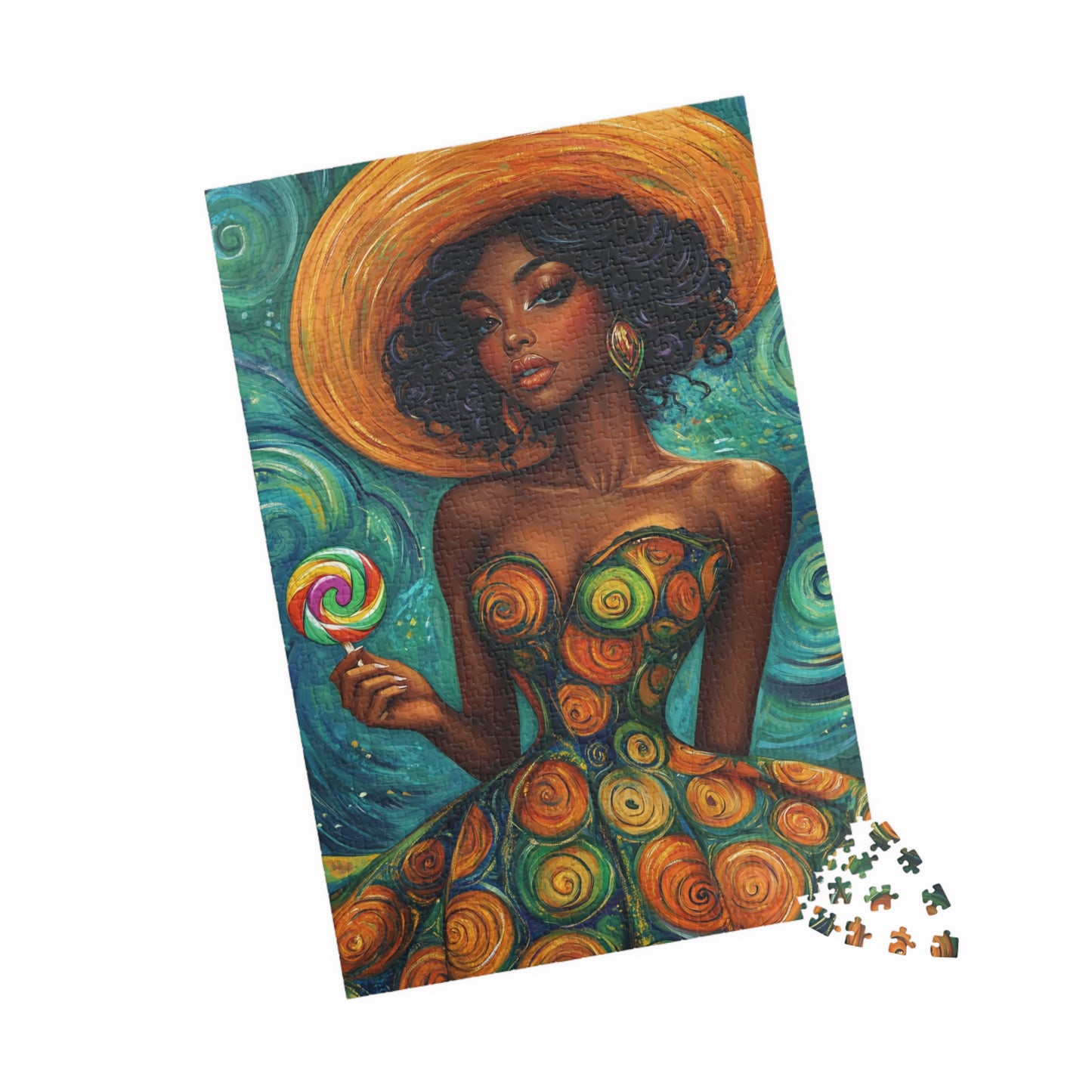 Afrocentric Woman in Swirl Dress Puzzle | Black Woman Jigsaw Game