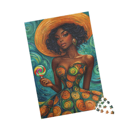 Afrocentric Woman in Swirl Dress Puzzle | Black Woman Jigsaw Game