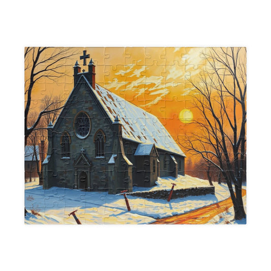 Twilight Cathedral Jigsaw Puzzle - Mystical Winter Chapel, Gothic Art Print, Dark Fantasy Art Gift for Puzzle Enthusiasts, Holiday Activity 110 pcs (Horizontal) Puzzle The Puzzle Chest