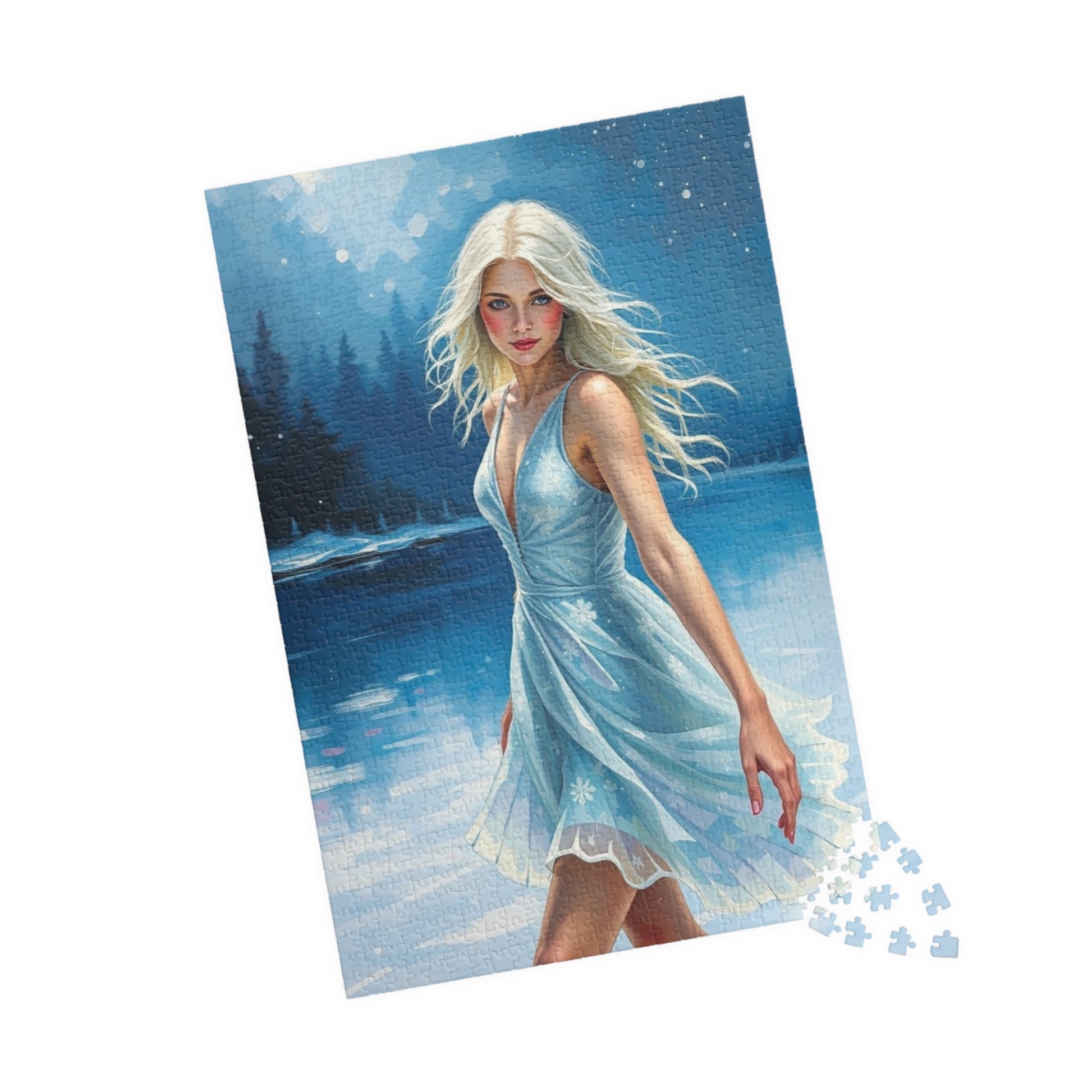 Puzzle - Ice Skating Woman on Frozen Lake, 110, 252, 520, 1014-piece Jigsaw, Sparkling Silver Skating Dress, Winter Activity, Relaxing Puzzle The Puzzle Chest