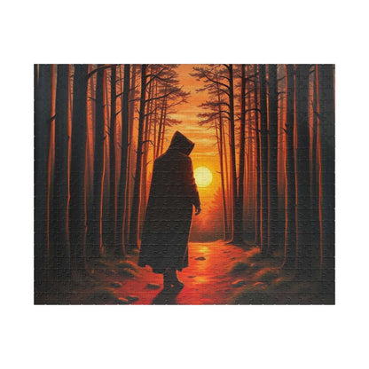 The Silent Passage Jigsaw Puzzle - Cloaked Figure Hollow Grove Eerie Sunset, Gothic Puzzle, Moody Landscape Puzzle, Dark Fantasy Art Puzzle 520 pcs (Horizontal) Puzzle The Puzzle Chest