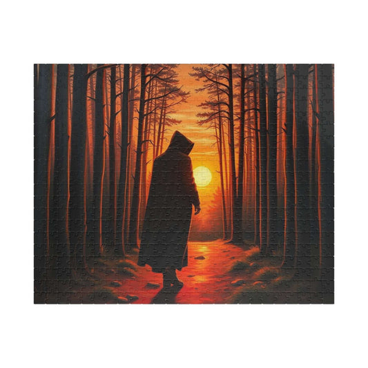 The Silent Passage Jigsaw Puzzle - Cloaked Figure Hollow Grove Eerie Sunset, Gothic Puzzle, Moody Landscape Puzzle, Dark Fantasy Art Puzzle 520 pcs (Horizontal) Puzzle The Puzzle Chest