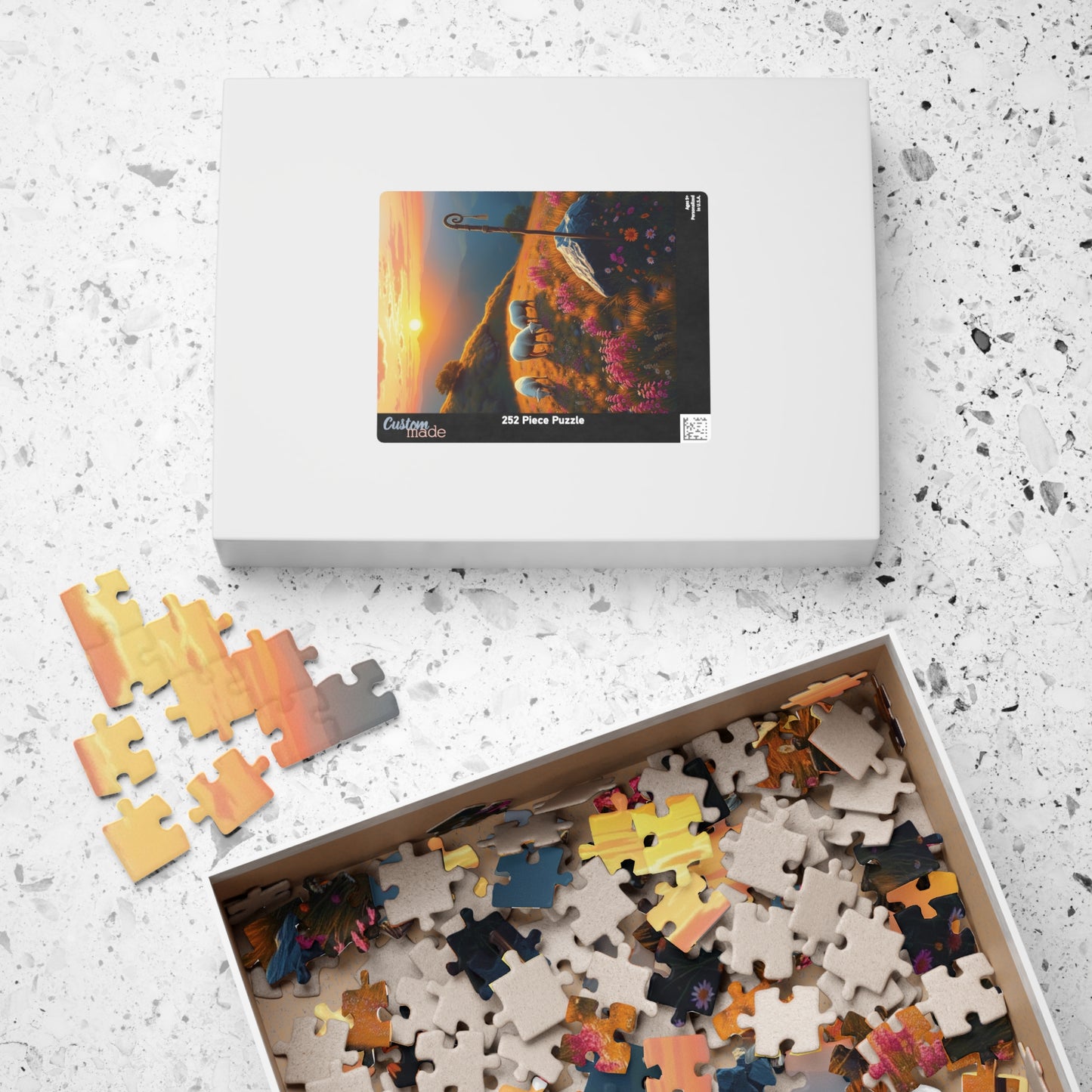 Peaceful Pastoral Sunset Puzzle, Religious Themed Jigsaw Game, Nature-Inspired Serene Landscape with Sheep Grazing on a Wildflower Hill Puzzle The Puzzle Chest