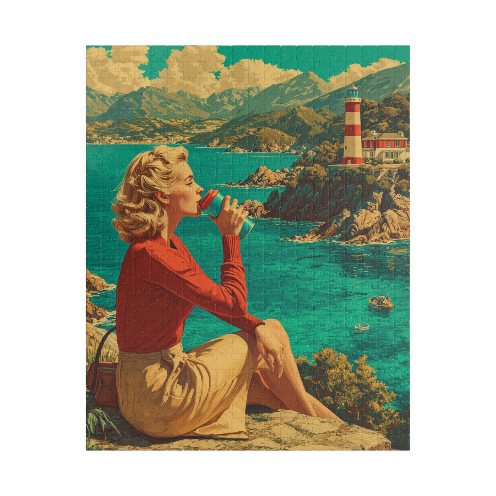 Vintage Coastal Jigsaw Puzzle – 1950s Seaside Travel Poster with Lighthouse Retro Ocean View Puzzle The Puzzle Chest