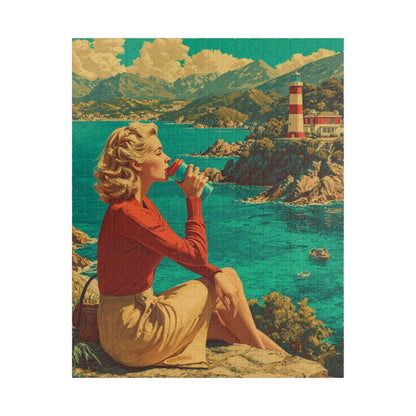 Vintage Coastal Jigsaw Puzzle – 1950s Seaside Travel Poster with Lighthouse Retro Ocean View Puzzle The Puzzle Chest