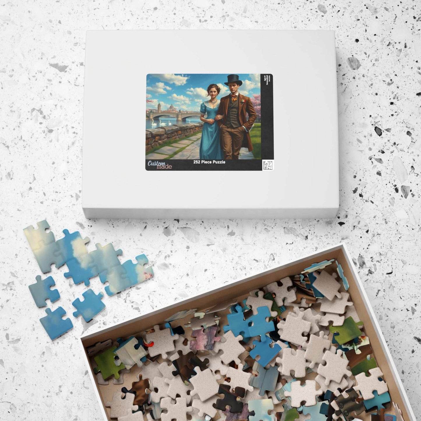 Romantic Stroll by the River - 19th Century Victorian Couple Jigsaw Puzzle with Blossoms, Bridge, and Swans Puzzle The Puzzle Chest
