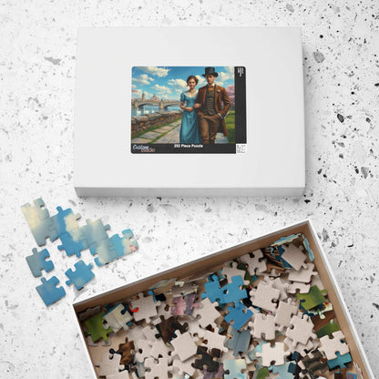 Romantic Stroll by the River - 19th Century Victorian Couple Jigsaw Puzzle with Blossoms, Bridge, and Swans Puzzle The Puzzle Chest