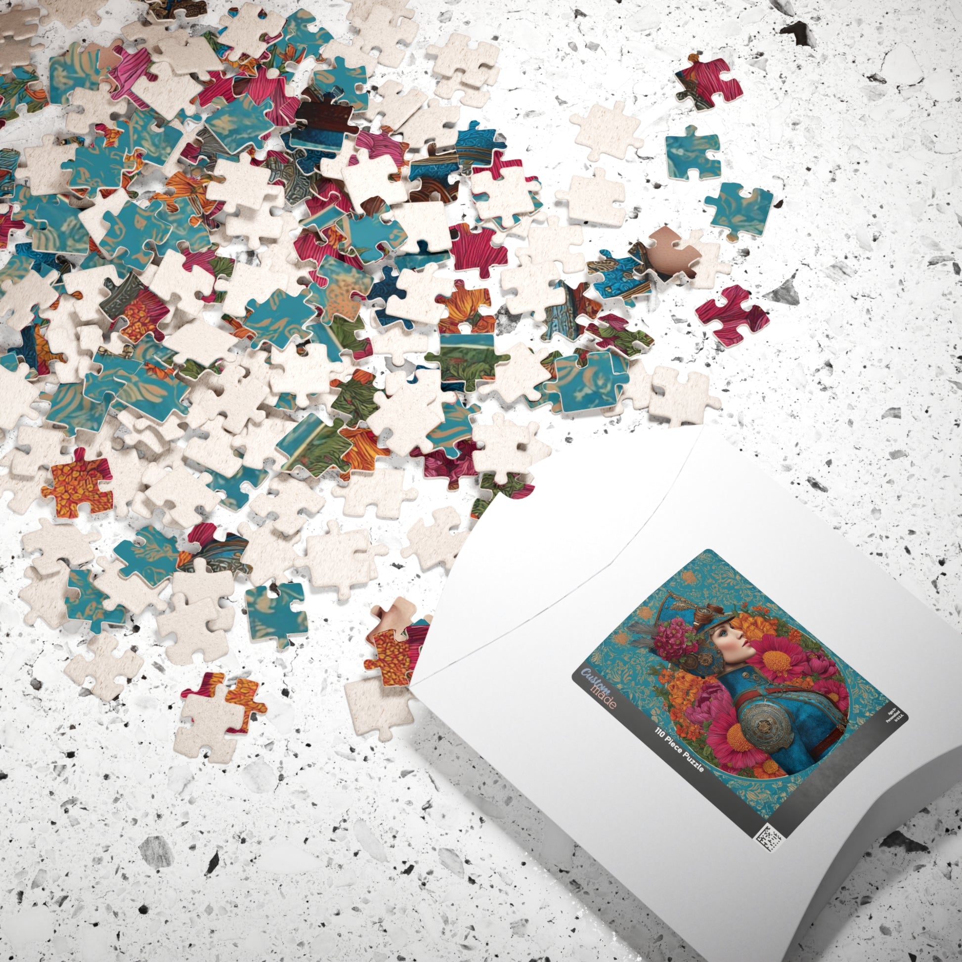 Colorful Female Portrait with Floral and Gear Elements - Unique Steampunk Art Jigsaw Puzzle Puzzle The Puzzle Chest