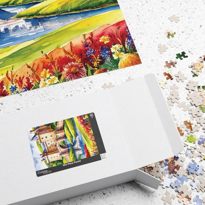 Medieval Castle Landscape Jigsaw Puzzle, Serene Moat Drawbridge Rolling Hills and Colorful Flowers, Challenging Family Game, Mindfulness Puzzle The Puzzle Chest