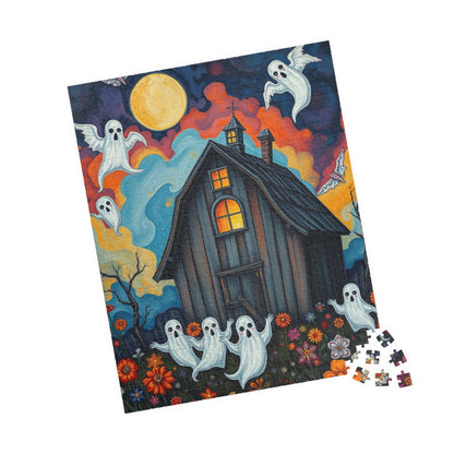 Boo In Bloom Jigsaw Puzzle - Spooky Halloween Haunted House, 110-520 Piece Jigsaw Ghostly Theme, Family Fun Activity, Trick-or-Treat Gift