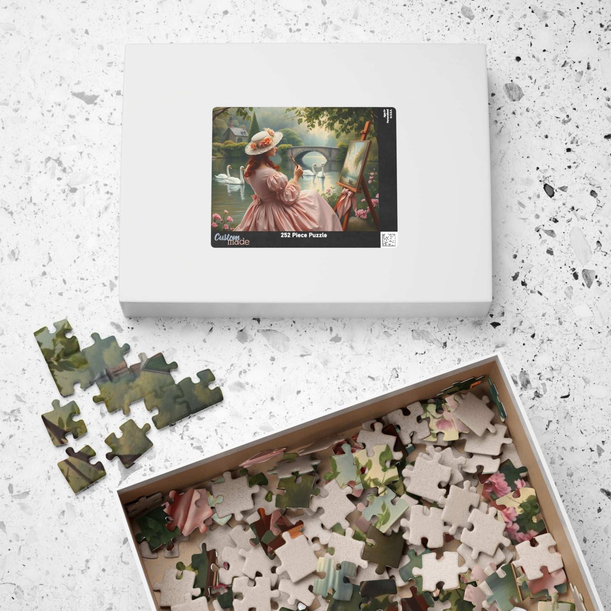 Romantic Lake Painting Jigsaw Puzzle - Victorian Woman, Swans, Stone Bridge & Blossoms, Vintage Style Gift for Art Lover Puzzle The Puzzle Chest