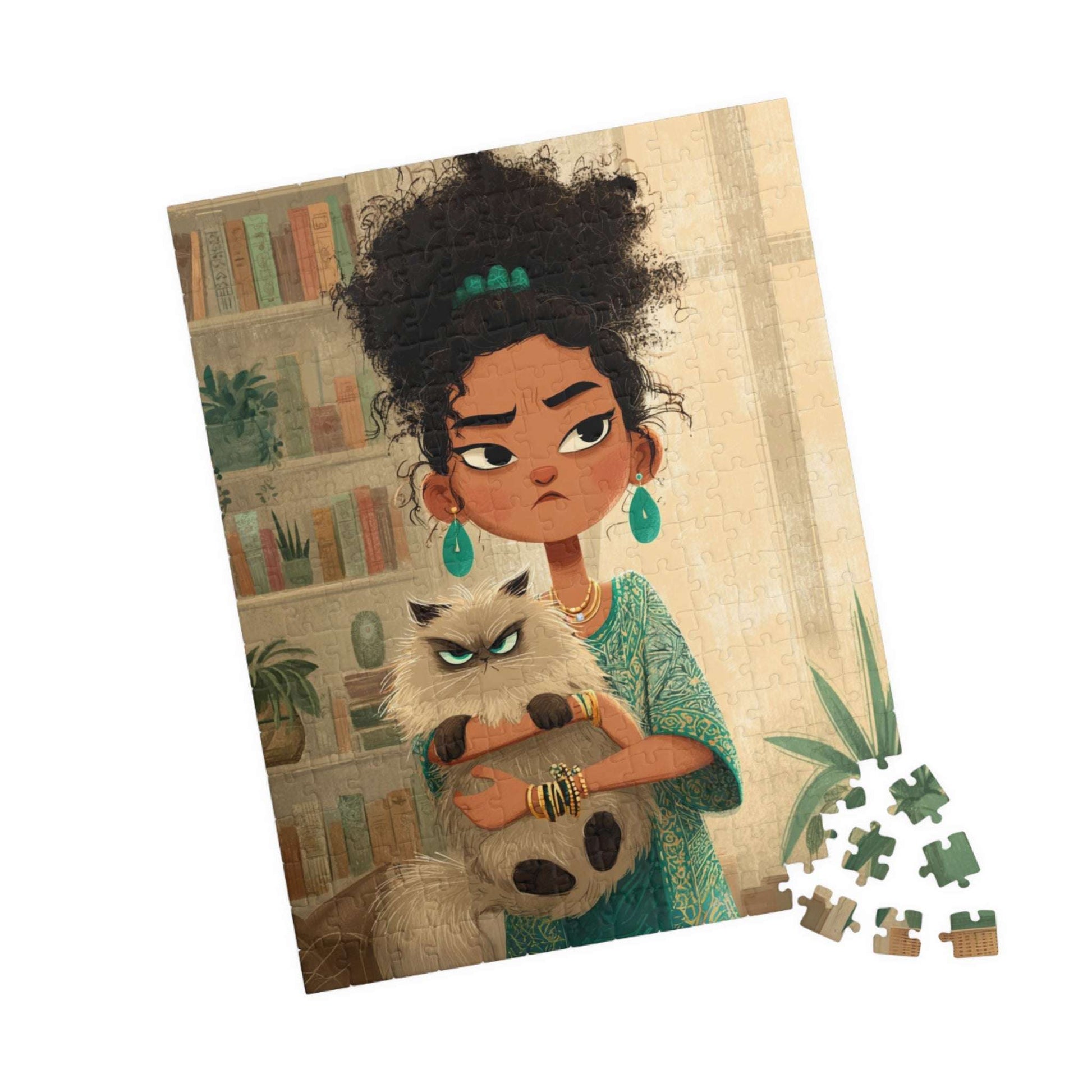 Funny Cat Cartoon Puzzle for Adults - Woman Holding Grumpy Kitten, Watercolor Illustration 252 pcs (Vertical) Puzzle The Puzzle Chest