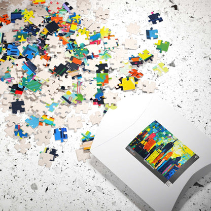 Skyscraper Splendor Jigsaw Puzzle - Vibrant Urban Glow Cityscape Puzzle for Adults