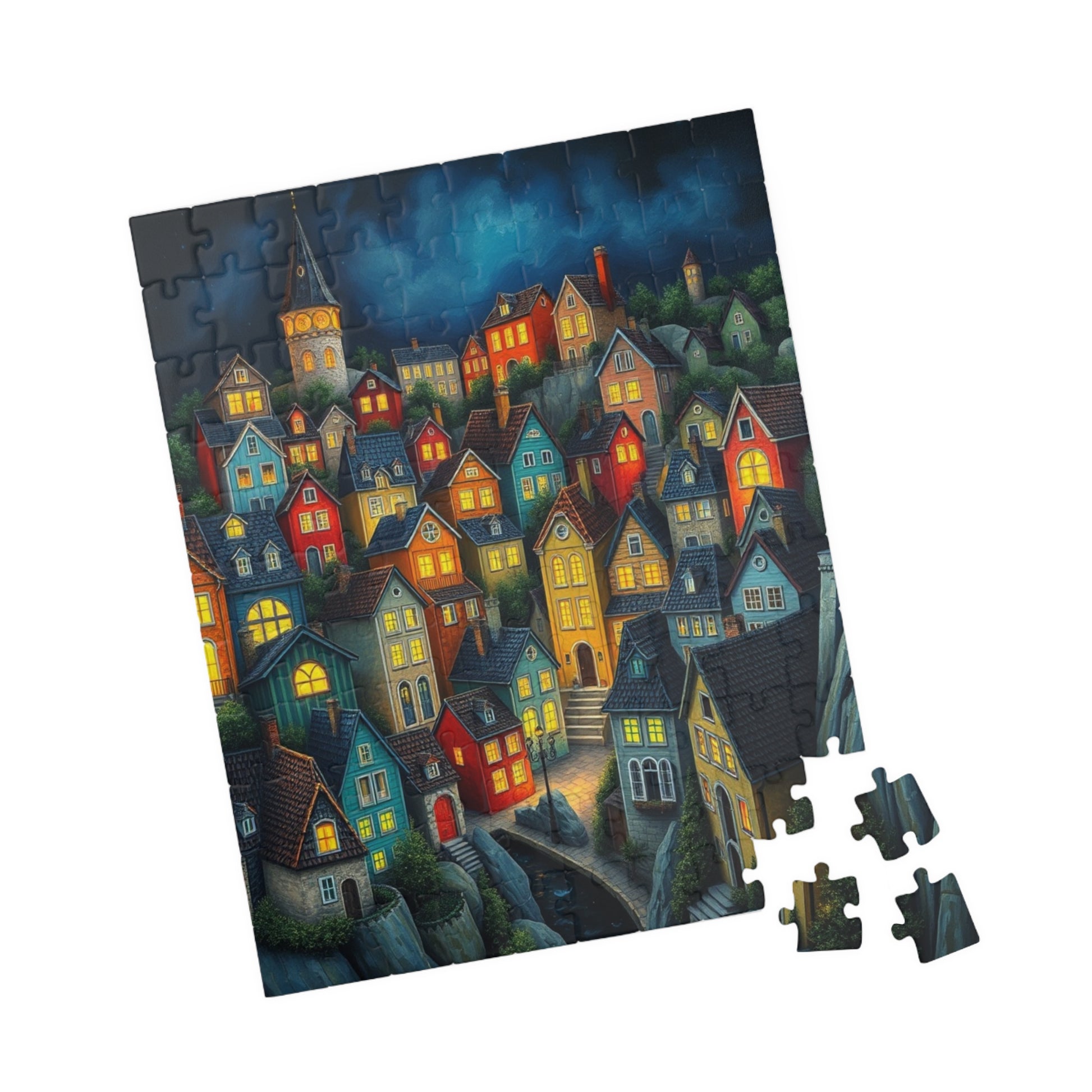 Village Puzzle at Night with Colorful Houses and Glowing Windows, Nighttime Adult Jigsaw Game, Bioluminescent Town The Puzzle Chest