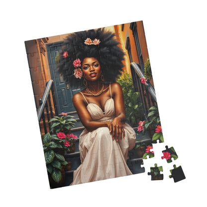 Artistic Jigsaw Puzzle: Beautiful Black Woman with Flowers, Perfect Afrocentric Gift for Puzzle Lovers, Relaxing Activity, Fun Family Game