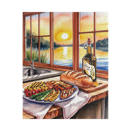 Foodie Kitchen Sunset Jigsaw Puzzle, Serene Lake View Dinner Table Scene, Frameable Culinary Art, Puzzle Enthusiast Gift for Friend 520 pcs (Vertical) Puzzle The Puzzle Chest