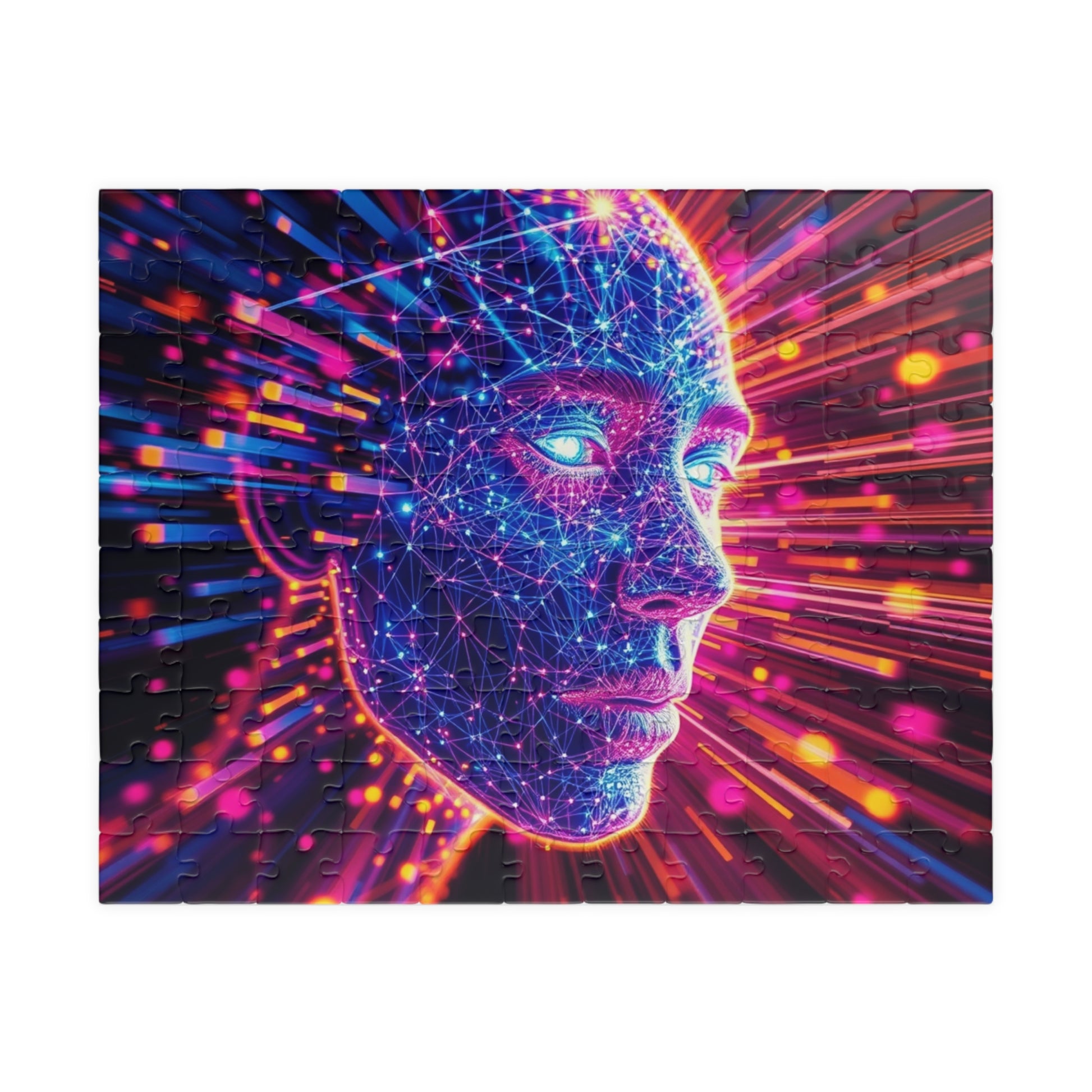 Abstract Human Face Jigsaw Puzzle, Colorful Glowing Electric Lines and Dots Design, Unique Gift for Bold Modern Art Lover Collector Hobbyist 110 pcs (Horizontal) Puzzle The Puzzle Chest