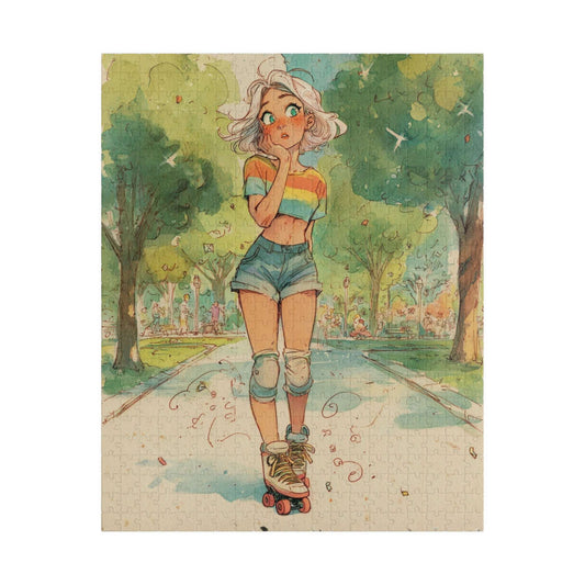 Funny Roller Skating Cartoon Puzzle for Teens and Adults – Woman Skating Summer Park Scene, Whimsical Watercolor Style Puzzle The Puzzle Chest