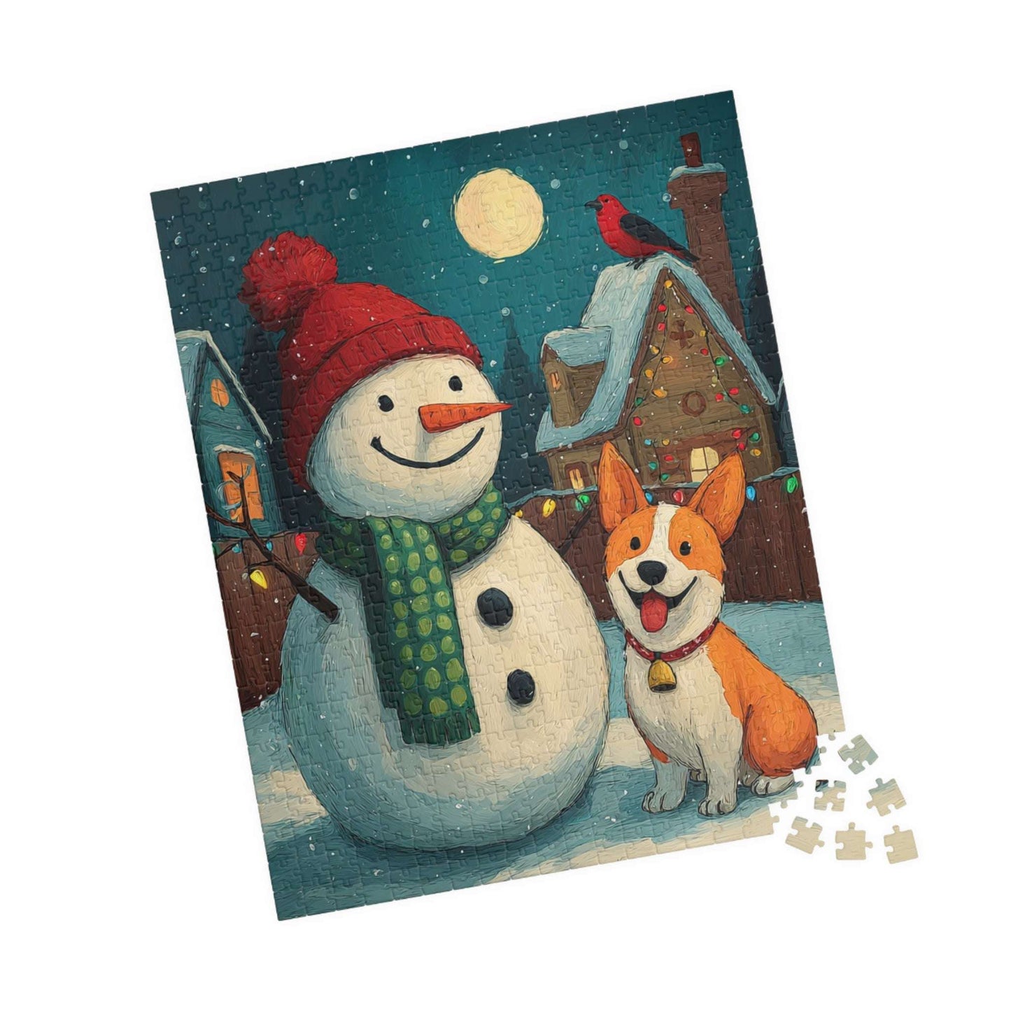 Moonlit Companions - Snowman and Dog Jigsaw Puzzle, Christmas Winter Themed Holiday Game 520 pcs (Vertical) Puzzle The Puzzle Chest