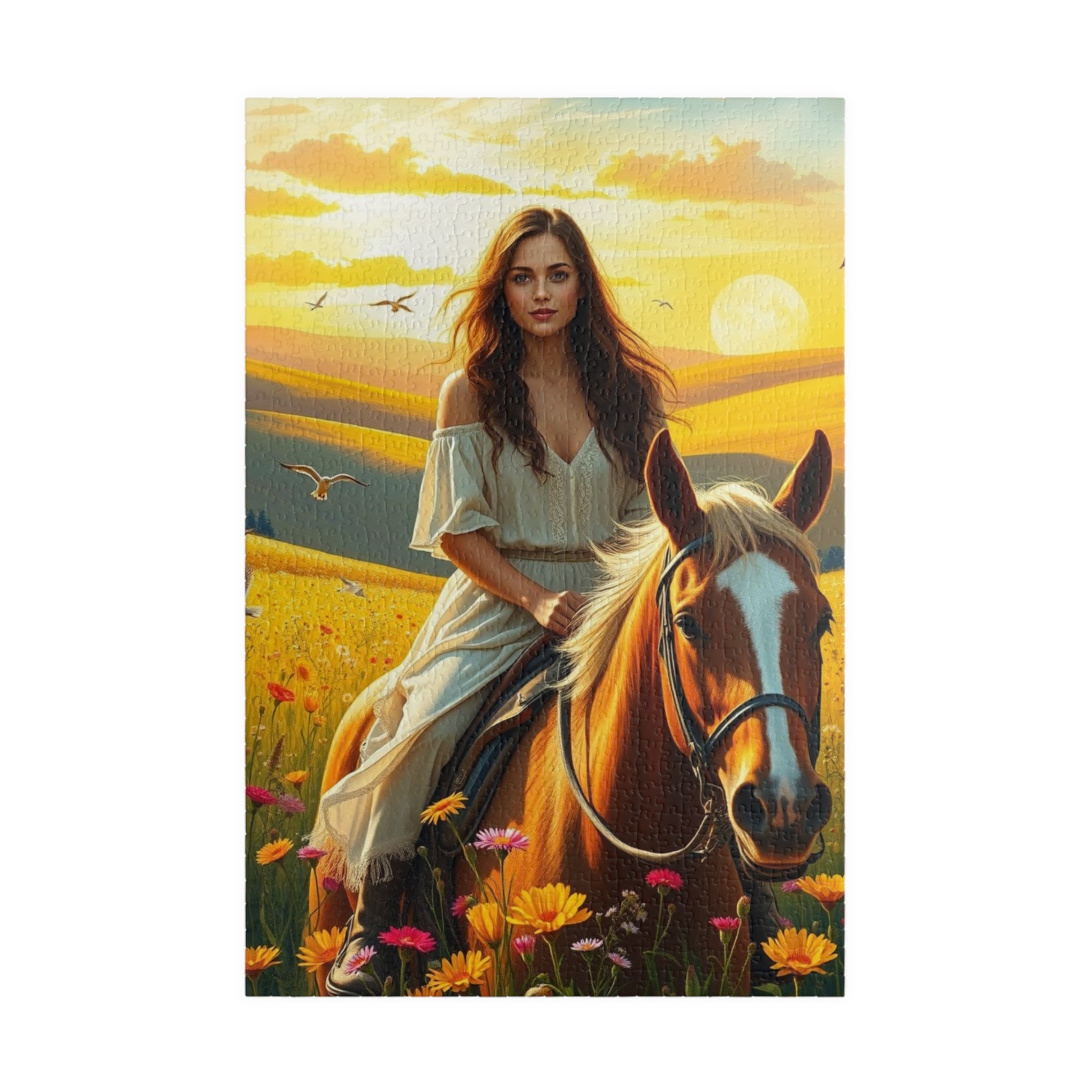 Woman on Horseback in Sunlit Wildflower Field Puzzle, Equestrian Horse Scene Jigsaw Game, Mindful Activity, Puzzle Animal and Art Lover Gift 1014 pcs (Vertical) Puzzle The Puzzle Chest