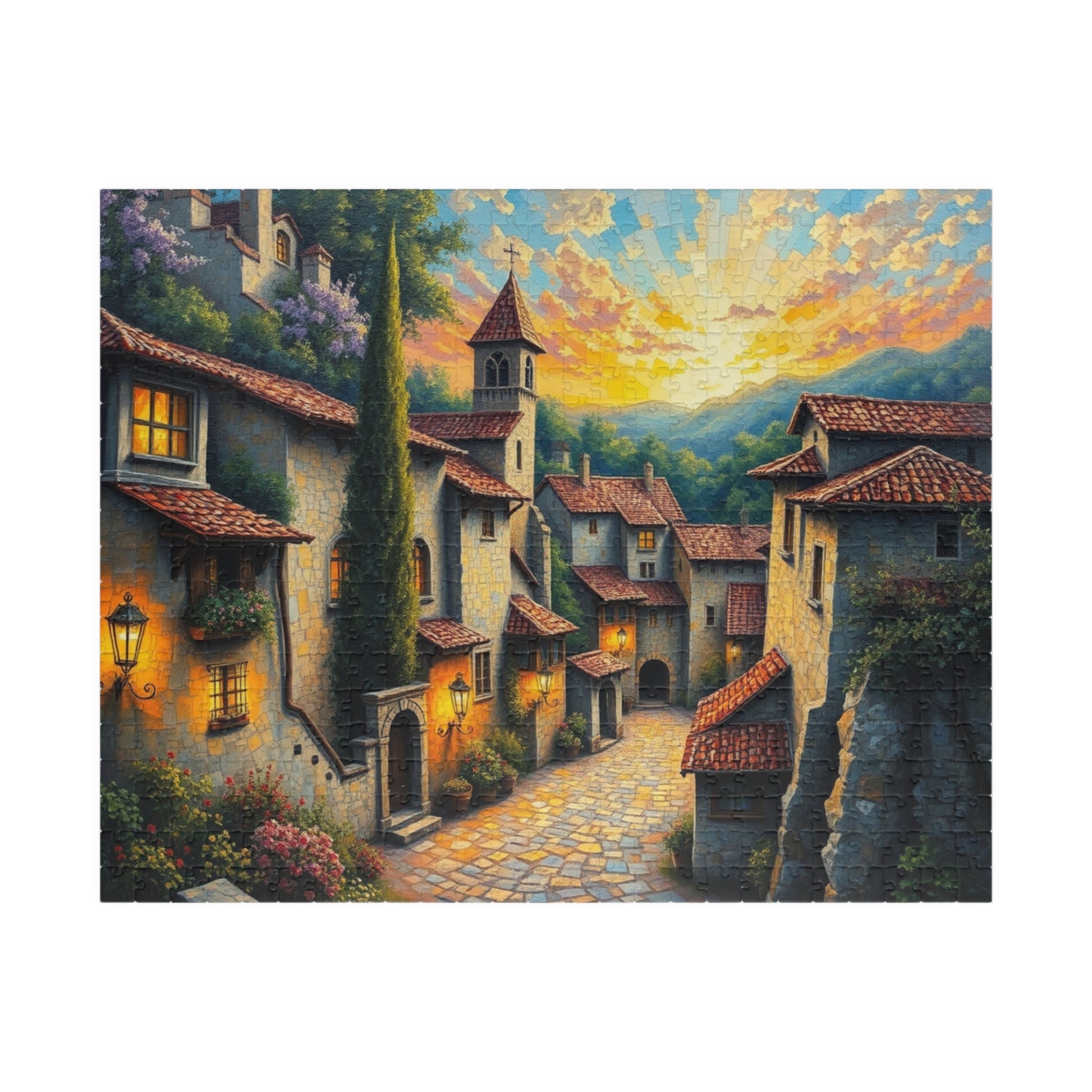 Charming Old-World Village Puzzle, Quaint European Medieval Town Jigsaw Game Mosaic Design, Family Game Night Bonding Activity, Mindful Gift 520 pcs (Horizontal) The Puzzle Chest