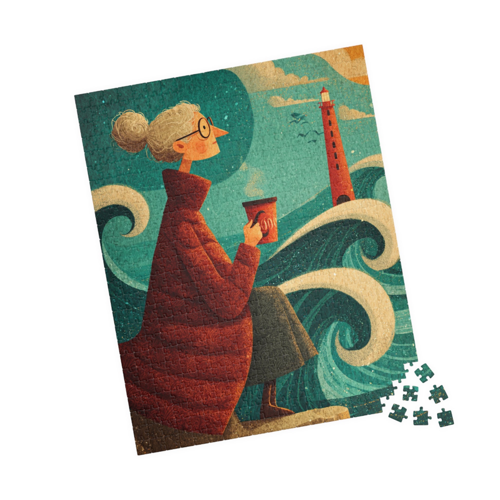 Seaside Grandma Jigsaw Puzzle - Heartwarming Ocean Cliff Storybook Scene Featuring Elderly Lady and Red Lighthouse 520 pcs (Vertical) Puzzle The Puzzle Chest