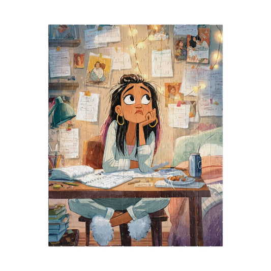 Funny Homework Cartoon Puzzle - Watercolor Jigsaw Game, Teen Girl Struggling at Desk Puzzle The Puzzle Chest