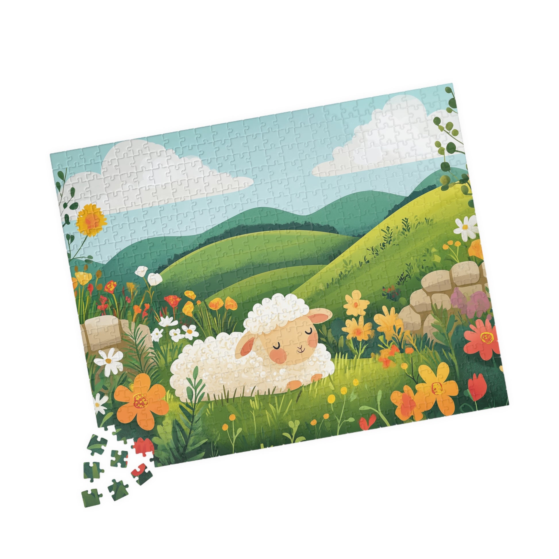Sleeping Lamb Meadow Puzzle | Cute Sheep Jigsaw Puzzle, Spring Floral Scene 520 pcs (Horizontal) Puzzle The Puzzle Chest