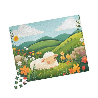 Sleeping Lamb Meadow Puzzle | Cute Sheep Jigsaw Puzzle, Spring Floral Scene 520 pcs (Horizontal) Puzzle The Puzzle Chest