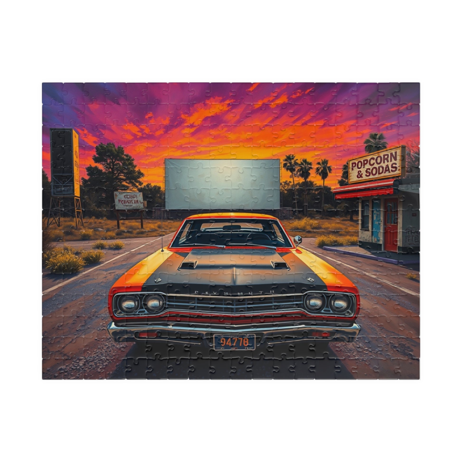 Vintage Car Puzzle, Orange 1969 Plymouth Road Runner, Sunset Classic Vehicle Scene Nostalgic Drive-In Background, Retro Puzzle Lover Gift 252 pcs (Horizontal) Puzzle The Puzzle Chest