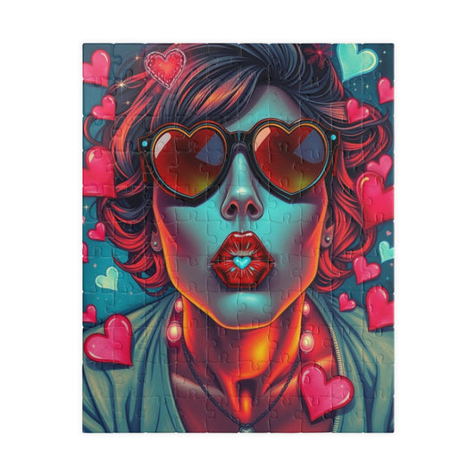 Hearts and Kisses Jigsaw Puzzle, Woman Blowing a Kiss, Comic Pop Art Nostalgic Game for Fun Gathering, Gift for Puzzle Lover, Family Night