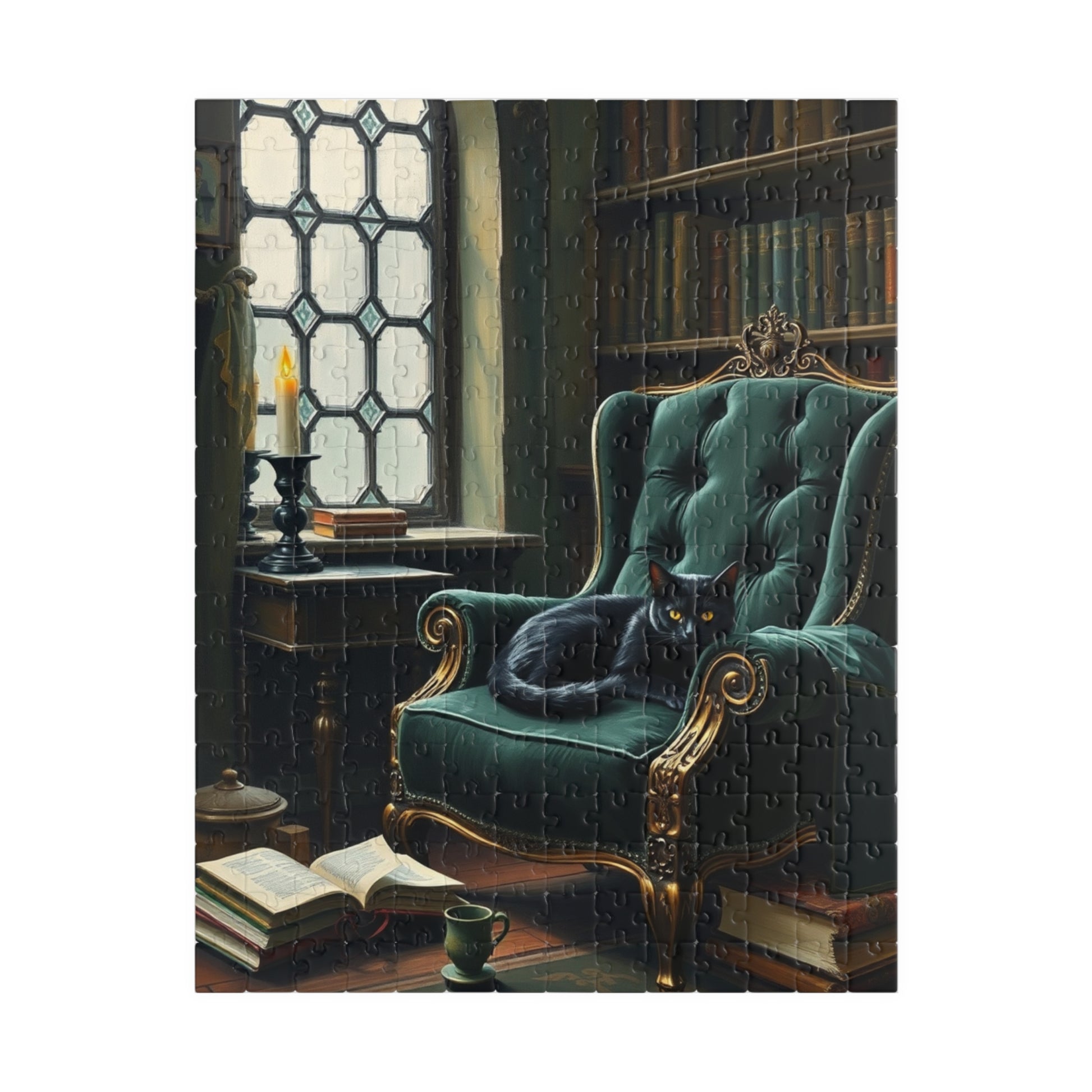 Cozy Gothic Cat Library Puzzle, 110/252/520/1014-Piece Solo Game, Gift Idea for Dark Fantasy Art Enthusiast and Cat Lover, Relaxing Activity 252 pcs (Vertical) Puzzle The Puzzle Chest