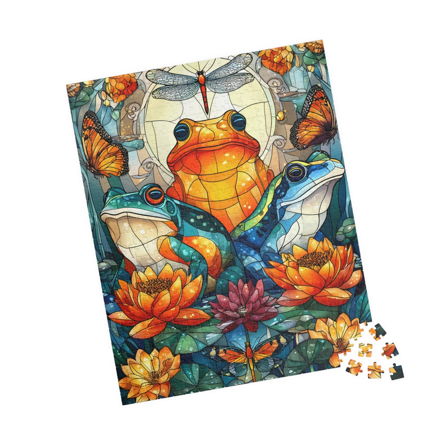 Colorful Frog and Lotus Illustration Puzzle | 110/252/520/1014 Piece Animal Jigsaw 520 pcs (Vertical) Puzzle The Puzzle Chest