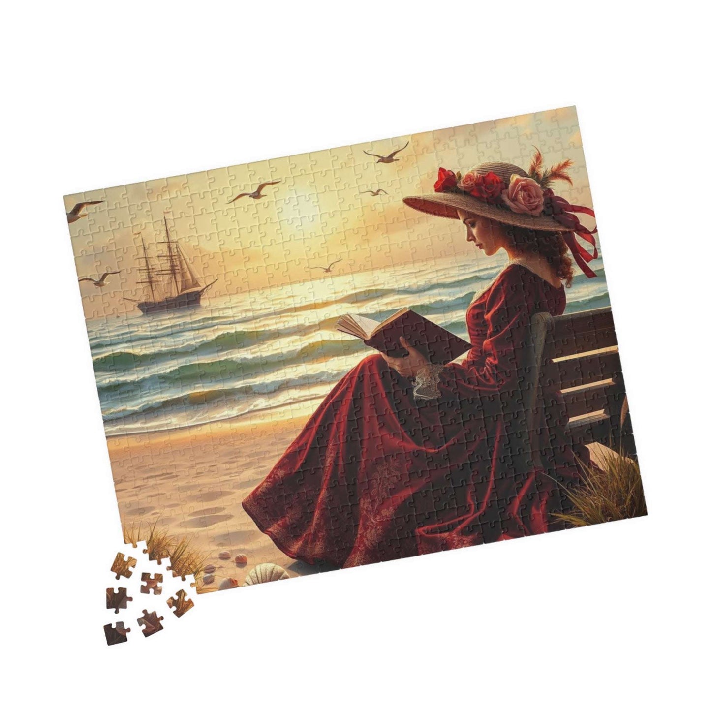 Victorian Seaside Reverie Jigsaw Puzzle - Elegant Woman Reading on the Shoreline, Romantic Vintage Puzzle Art Game 520 pcs (Horizontal) Puzzle The Puzzle Chest